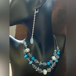 Blue, Aqua, Opaque Beaded Double-Strand Necklace & Earrings. Beach Inspired